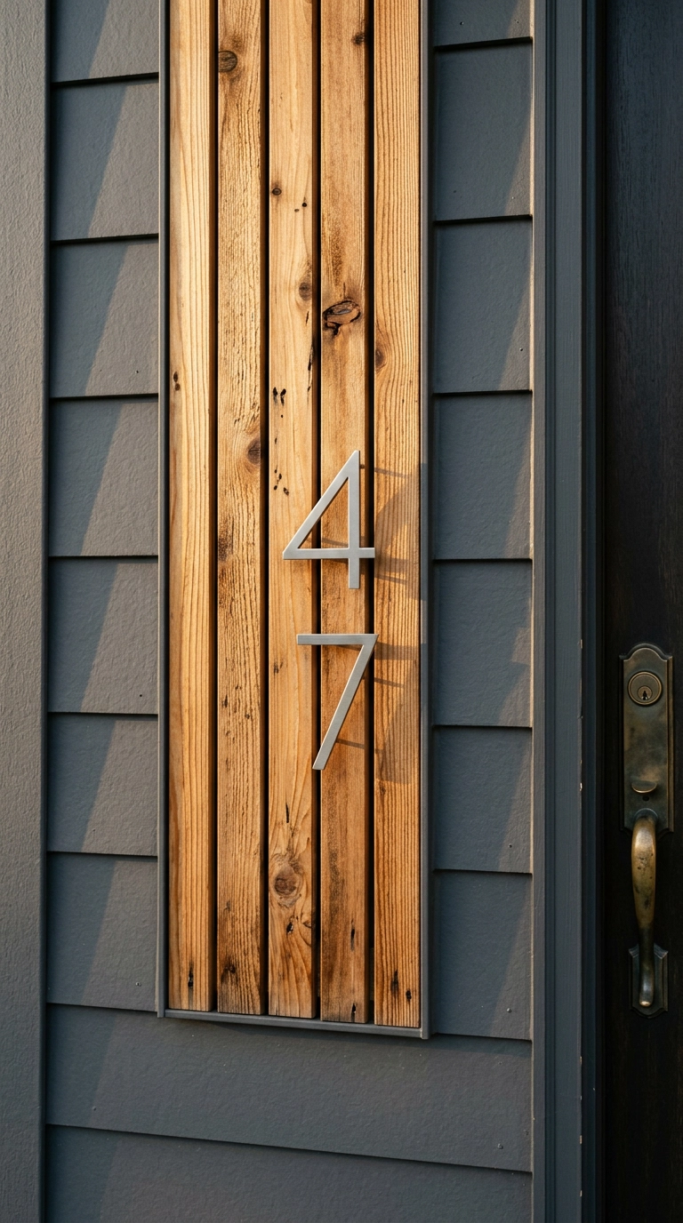 Slim stainless house numbers mounted vertically on a cedar slat backer board against grey siding