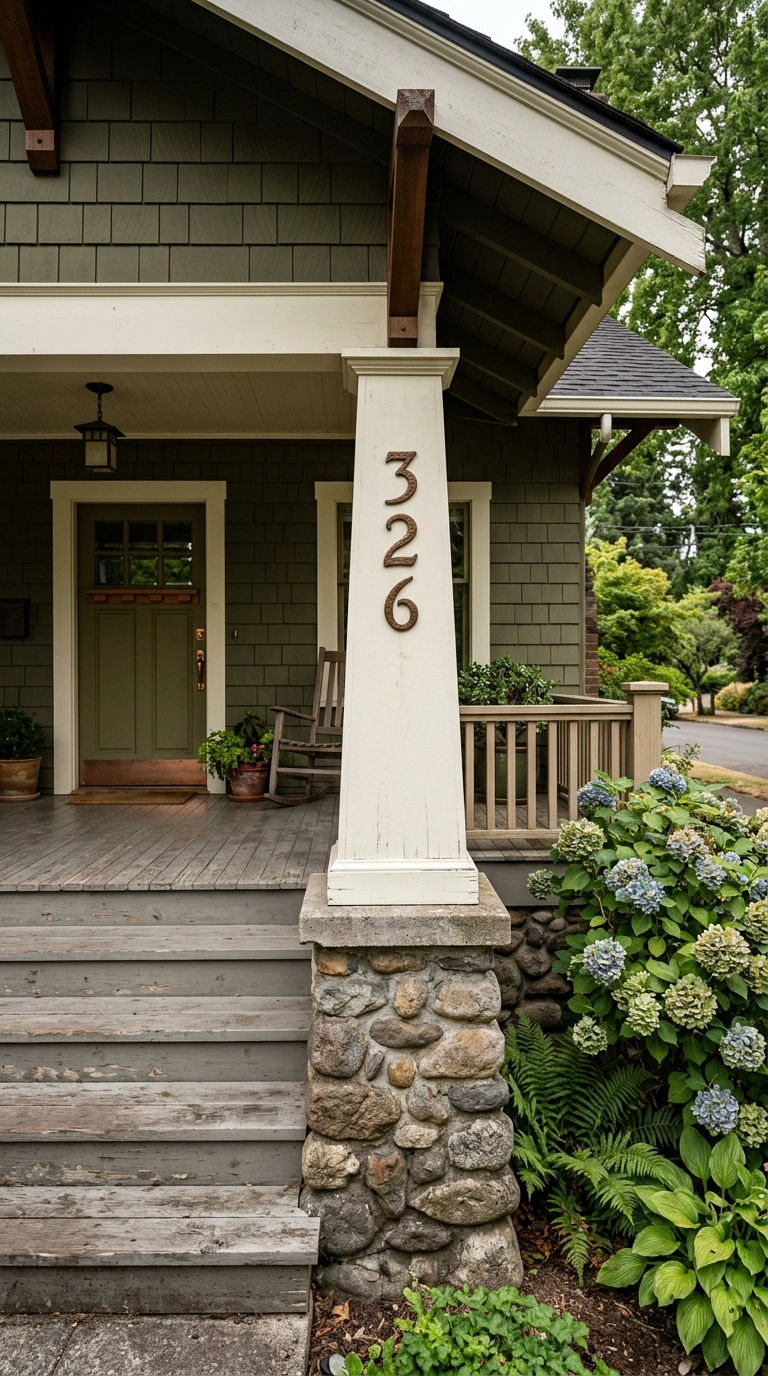 Vertical stack of bronze house numbers mounted down a white craftsman porch column