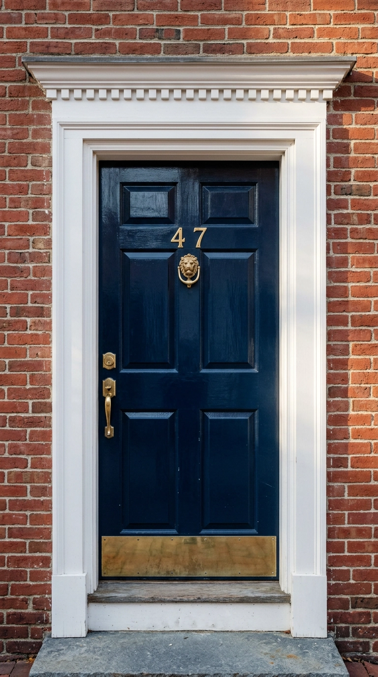 Two polished brass house numbers centered on a glossy navy colonial front door