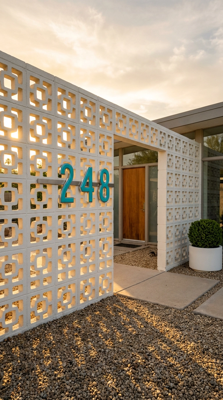 Turquoise atomic-style house numbers on a steel rail across a white breeze block screen wall
