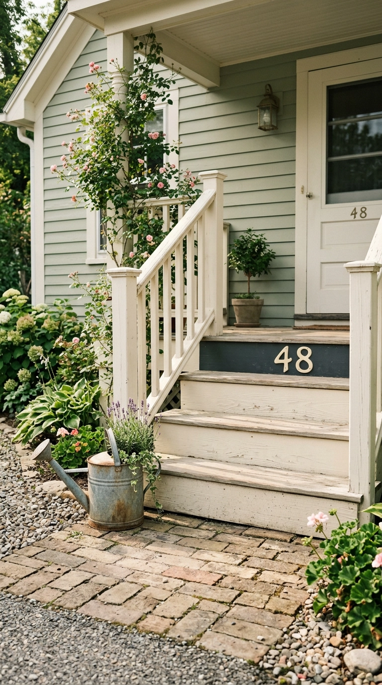 Cream house numbers hand-painted on a charcoal step riser of a sage green cottage