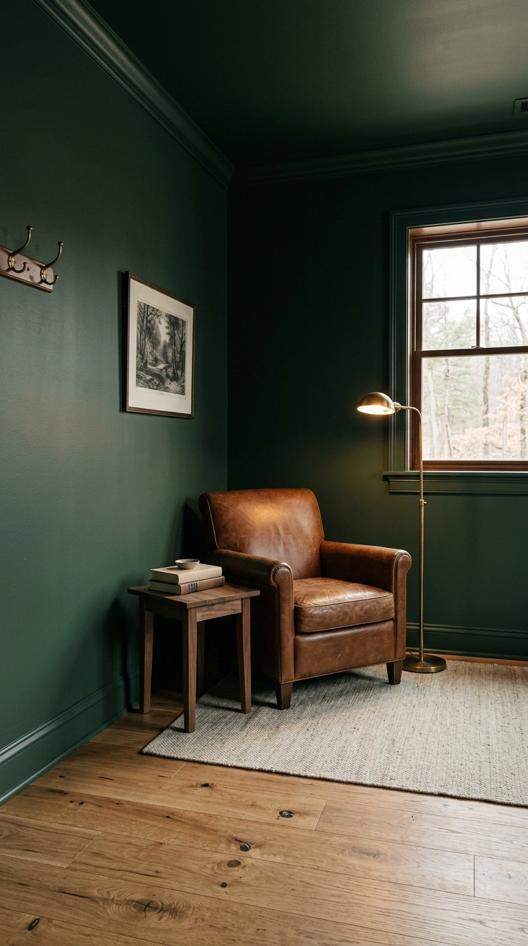 Hunting room den with walls, trim and ceiling painted deep forest green and a leather armchair