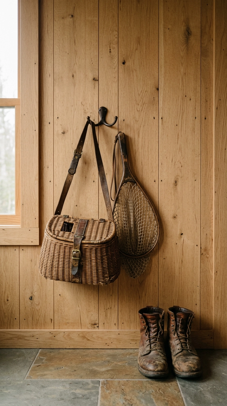 Antique wicker creel and wooden landing net hung on bronze hooks above weathered leather boots