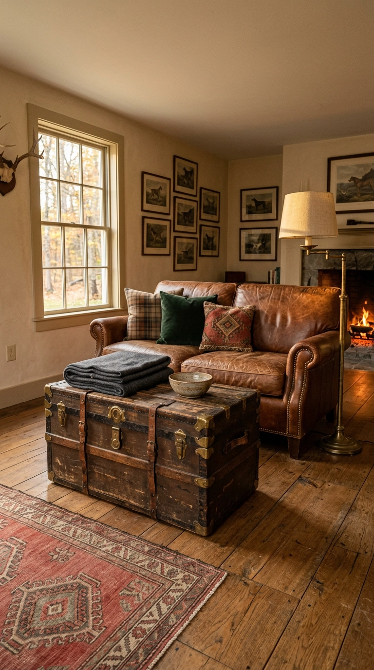 Antique steamer trunk used as a coffee table in front of a tobacco leather sofa