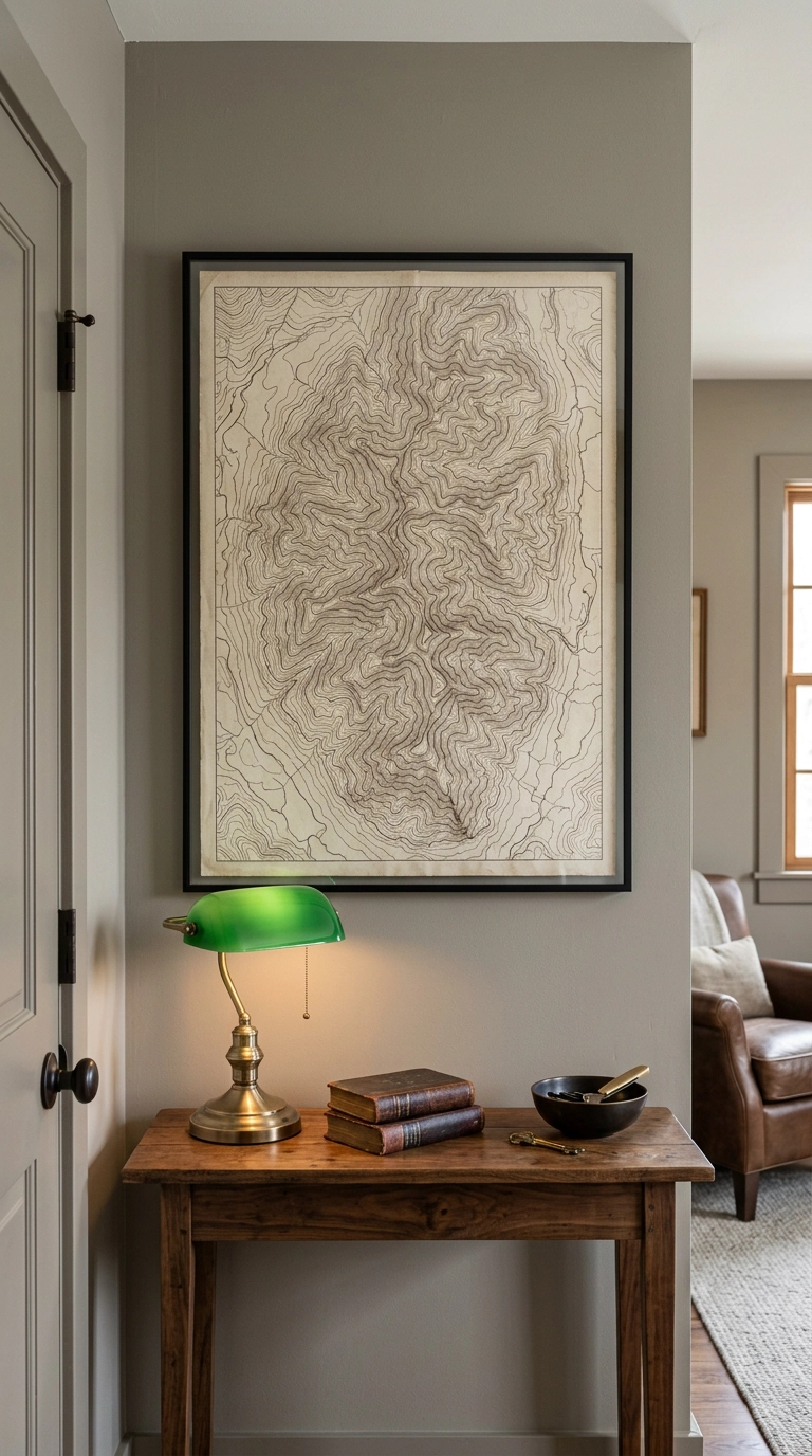 Large framed topographic contour map hung above a narrow walnut console table