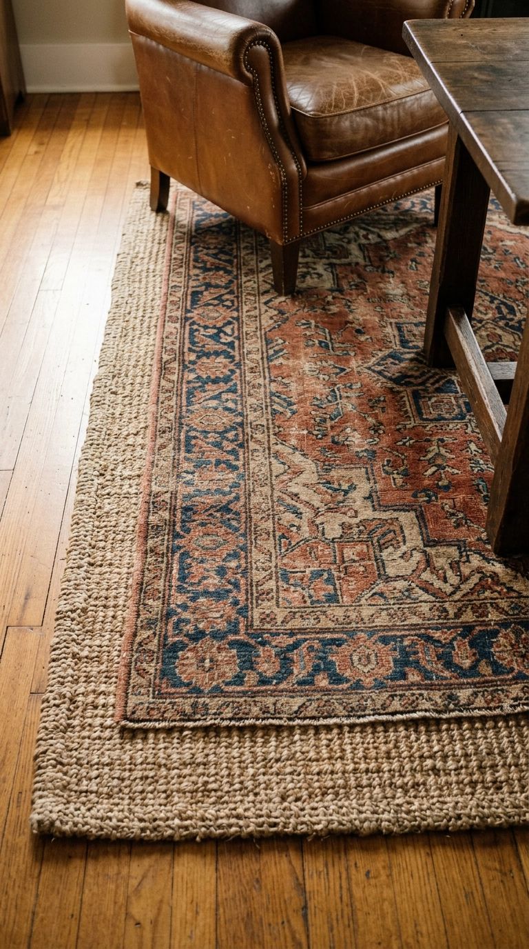 Faded vintage Persian rug in rust and indigo layered over a natural sisal rug