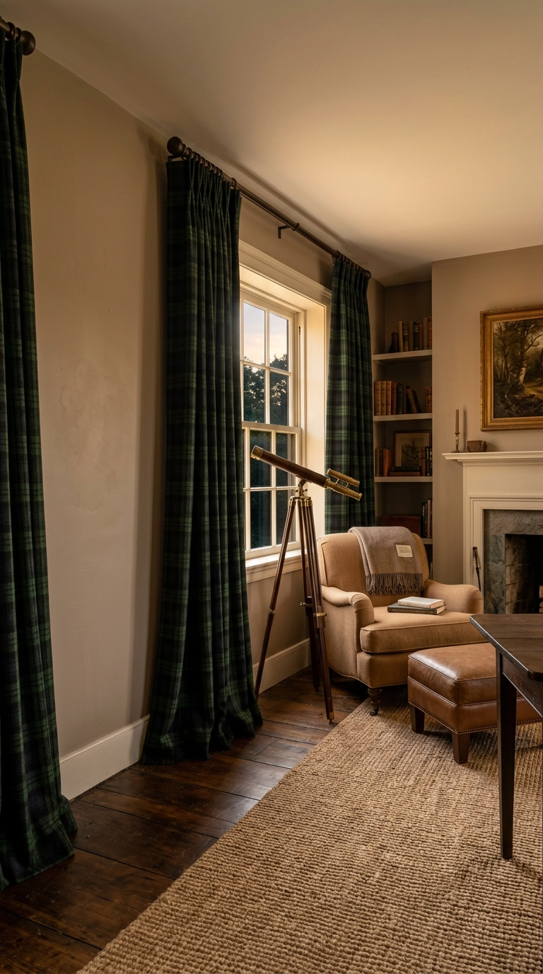 Dark tartan wool curtains hung high near the ceiling beside a brass telescope on a tripod