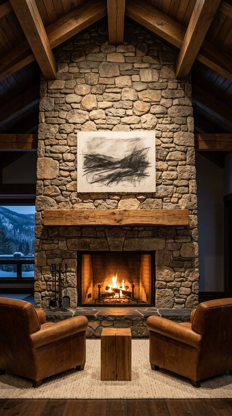 Floor-to-ceiling dry-stacked fieldstone fireplace with two caramel leather club chairs
