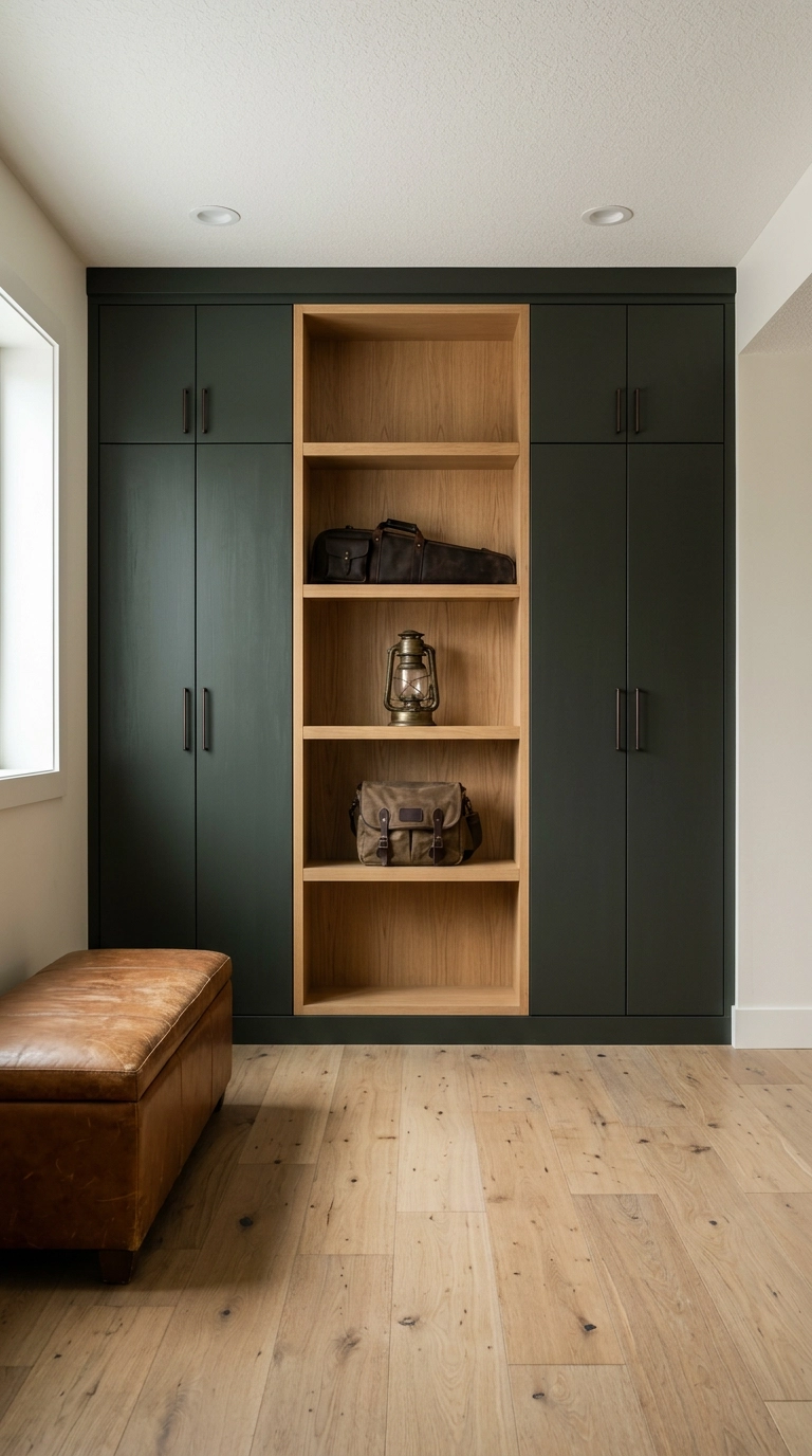 Full-height charcoal green built-in cabinetry with closed flat-panel doors and an oak shelf run