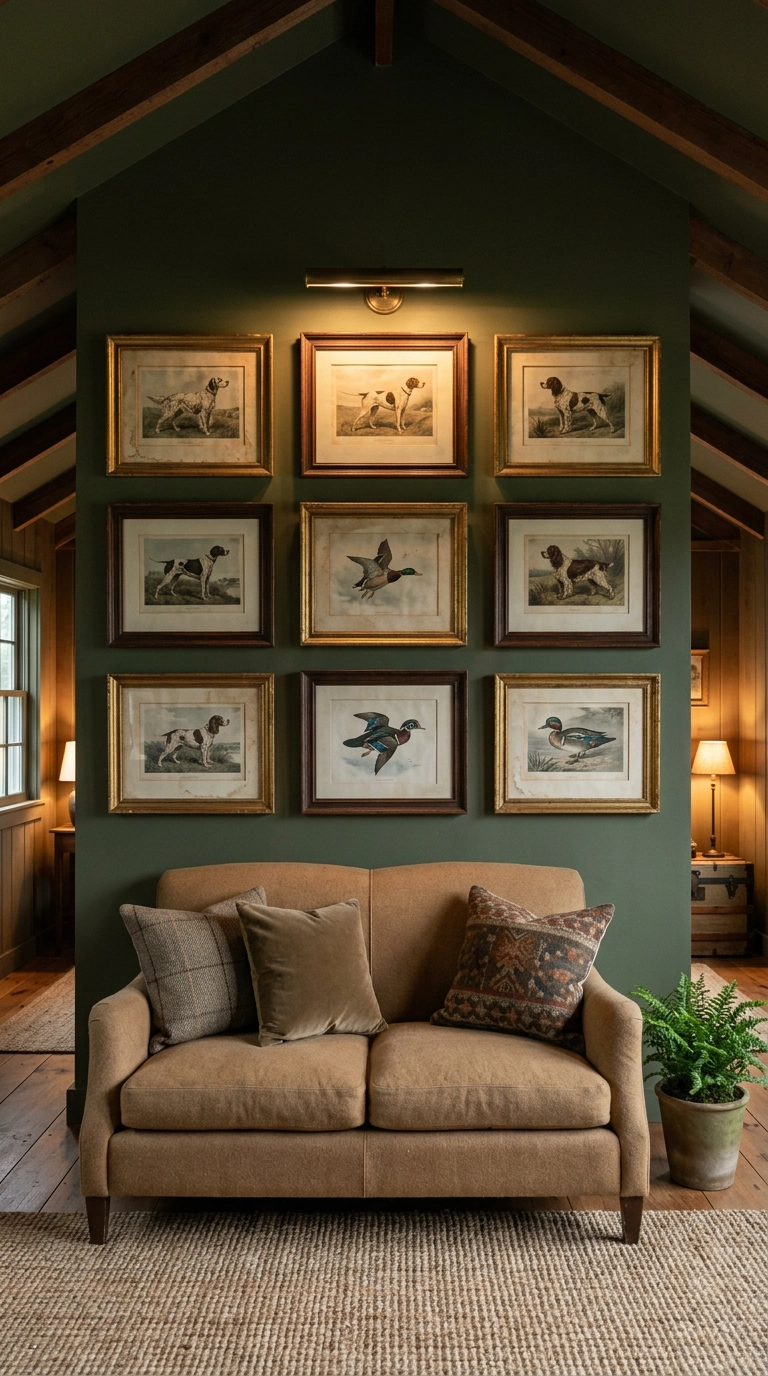 Gallery wall of vintage sporting prints in mismatched antique frames above a camel wool sofa