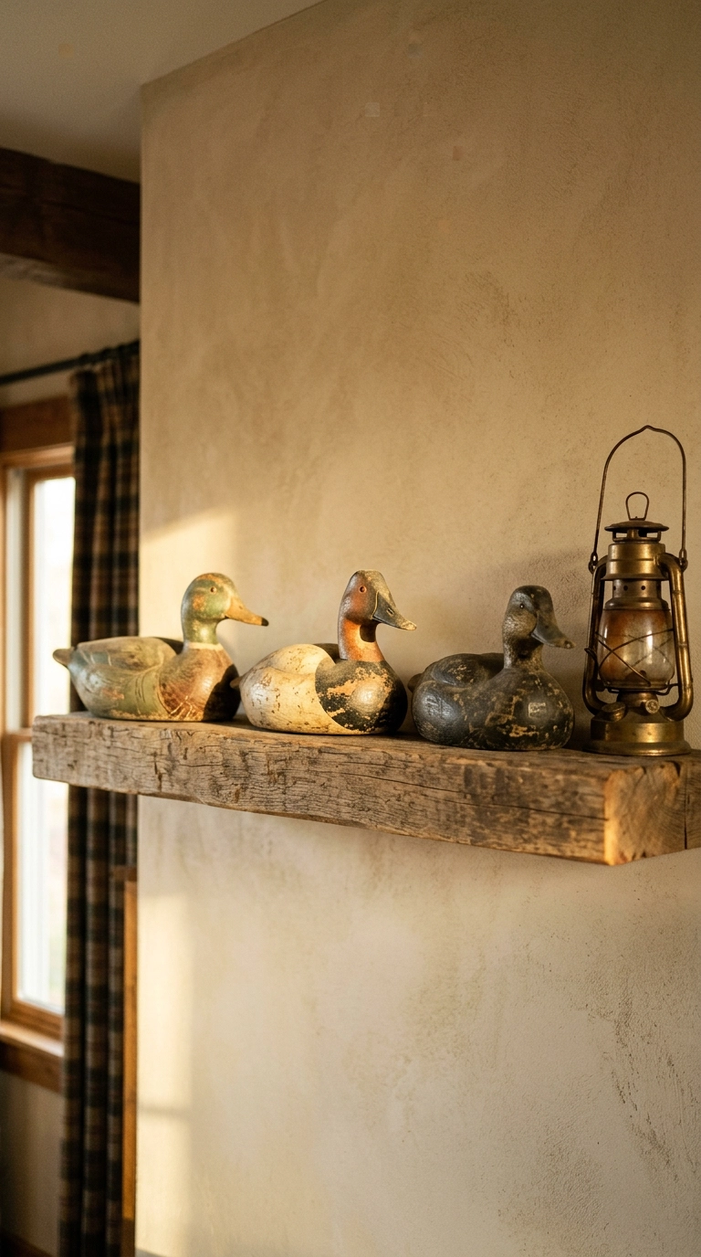Three antique wooden duck decoys with worn paint on a reclaimed chestnut floating shelf