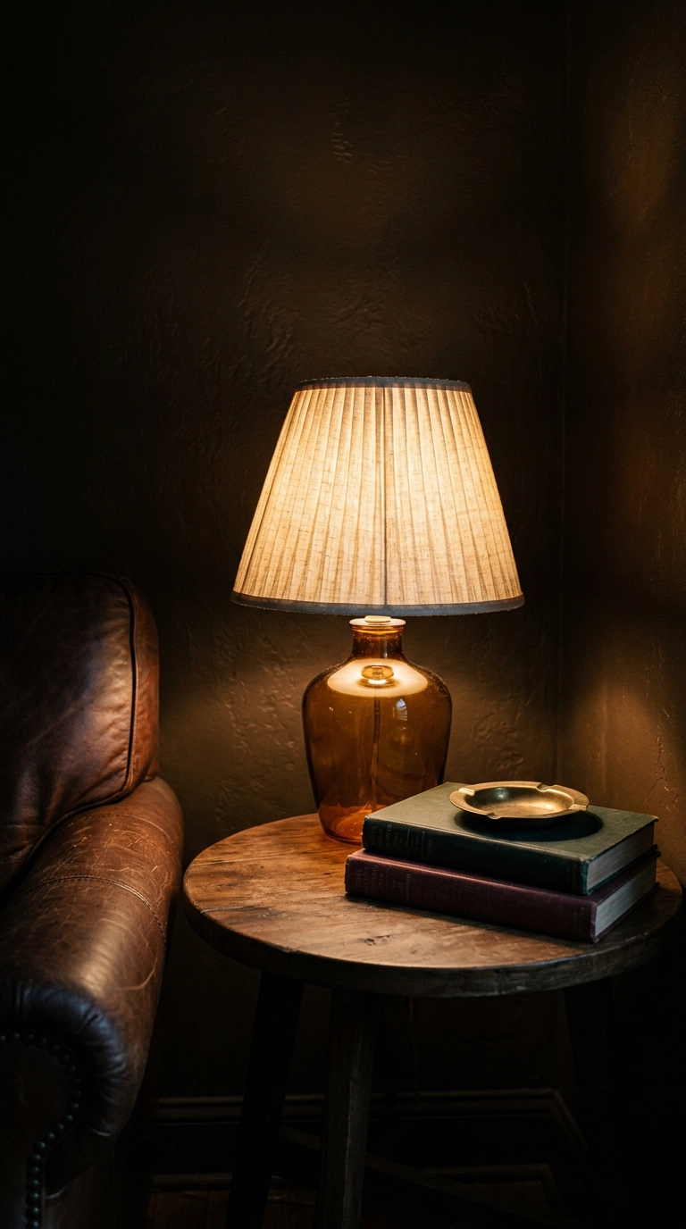 Small amber glass table lamp with a pleated linen shade glowing on a walnut side table