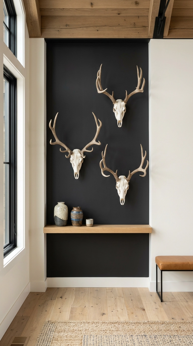 Three European skull mounts staggered on a matte black feature wall above a white oak shelf