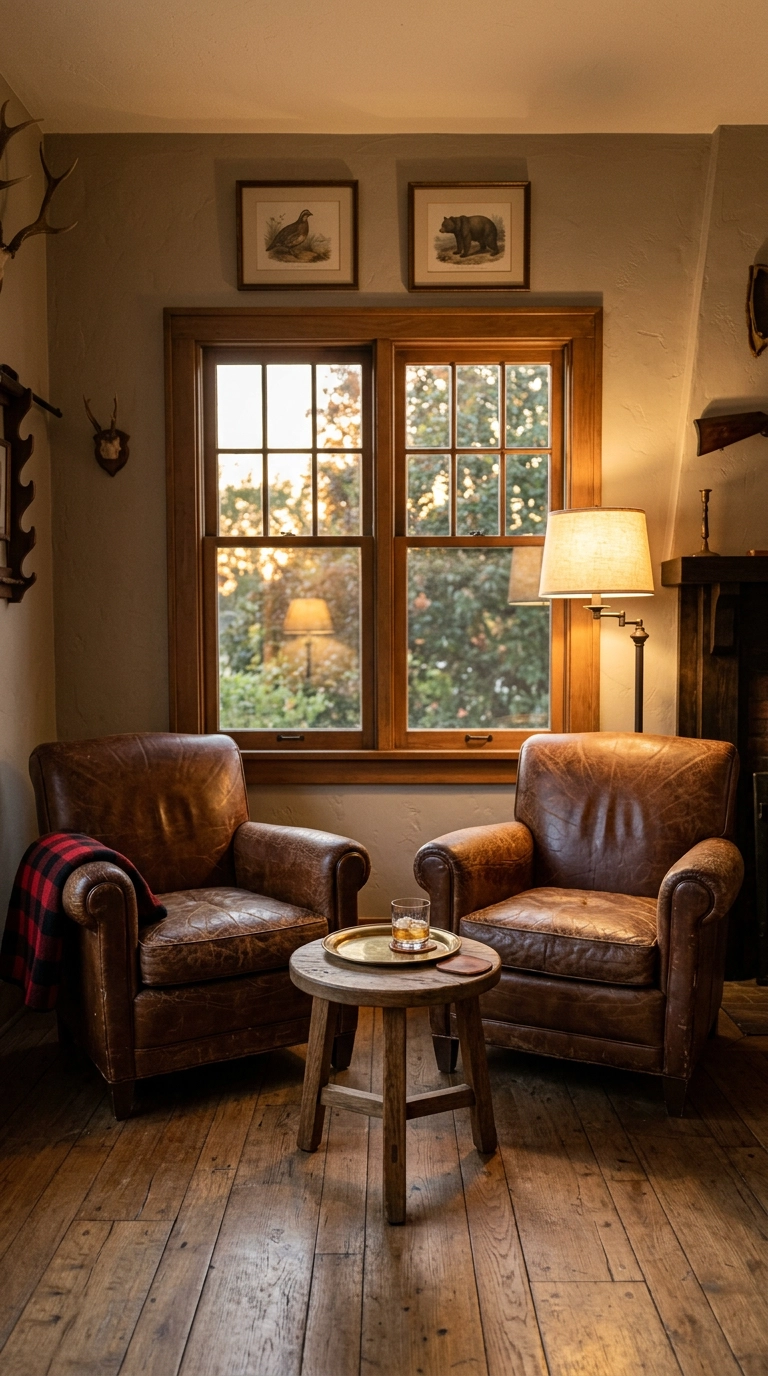 Two aged tobacco leather club chairs facing each other in a hunting room lounge