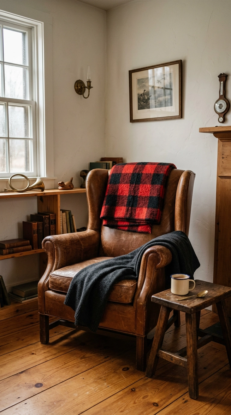 Buffalo plaid wool blanket folded over a saddle-brown leather wing chair