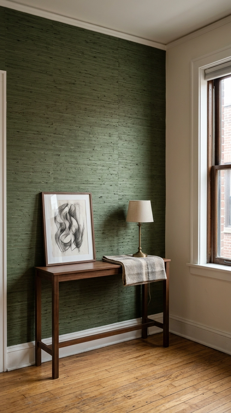 Deep moss green grasscloth textured accent wall above a slim walnut console with a brass lamp