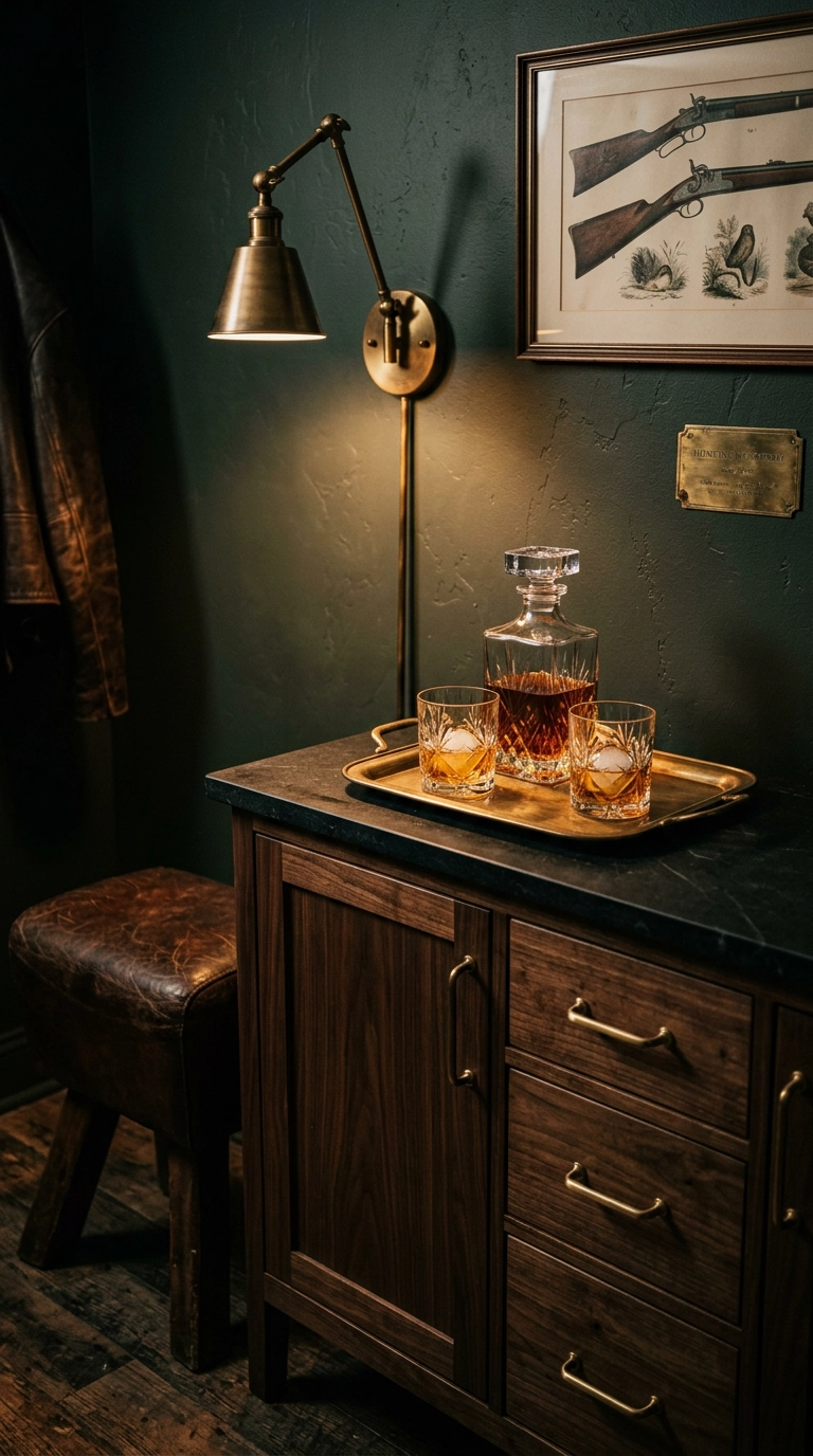 Walnut bar cabinet with a crystal decanter and two lowball glasses on a brass tray