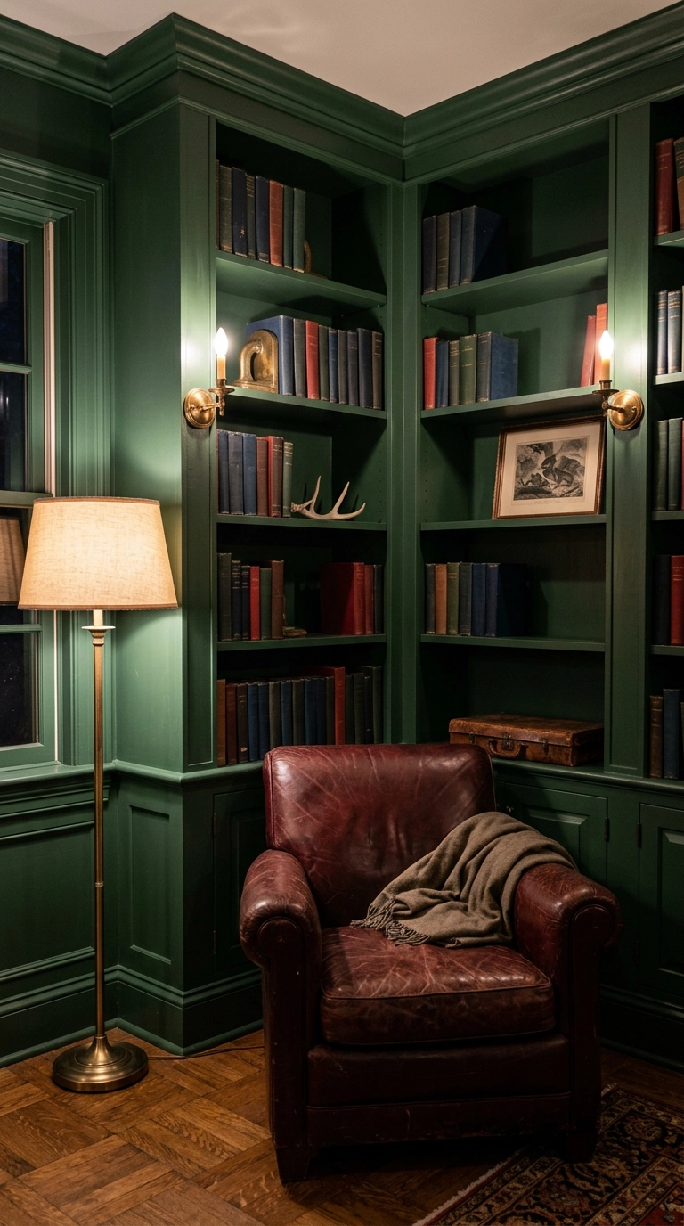 Built-in bookcases painted deep hunter green with brass library sconces and a burgundy chair