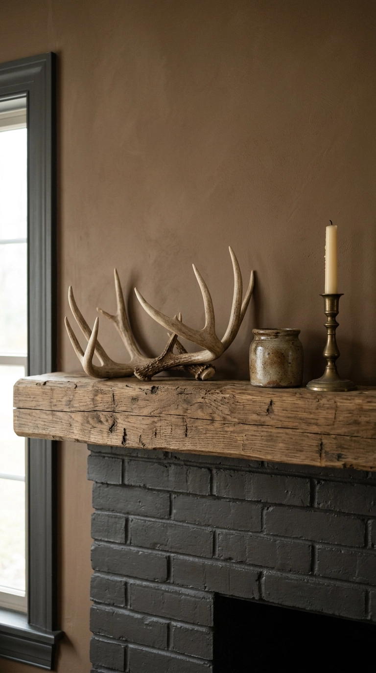 Three shed deer antlers styled with a stoneware crock on a reclaimed oak mantel