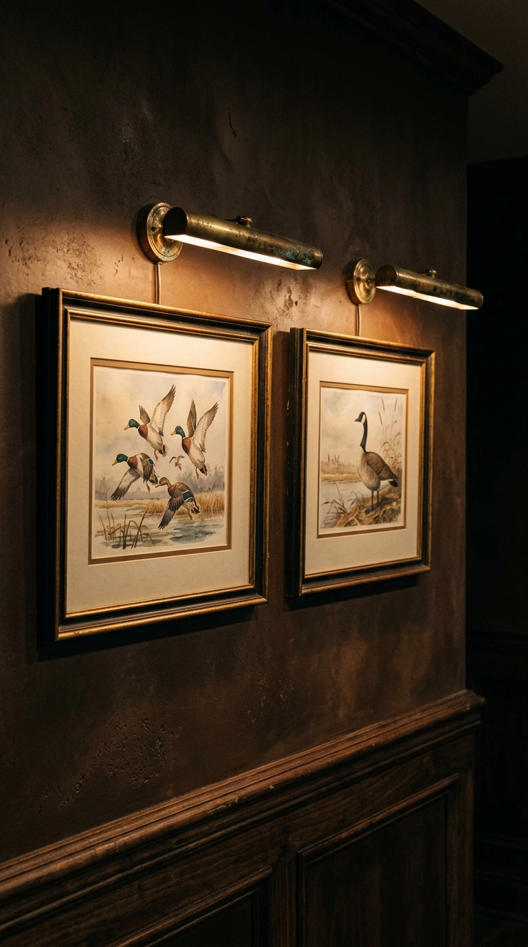 Aged brass picture lights illuminating framed waterfowl watercolors on a dark plaster wall