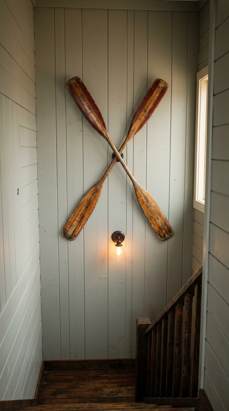 Two crossed vintage wooden canoe paddles mounted on a sage grey shiplap wall