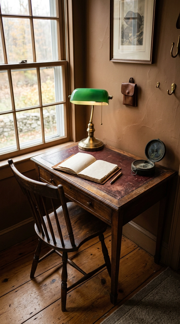 Antique walnut writing desk with a burgundy leather top and a green-shaded brass lamp