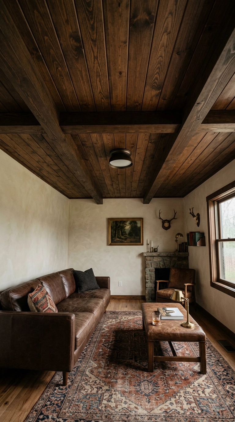 Dark walnut-stained plank ceiling with exposed timber beams above a chocolate leather sofa