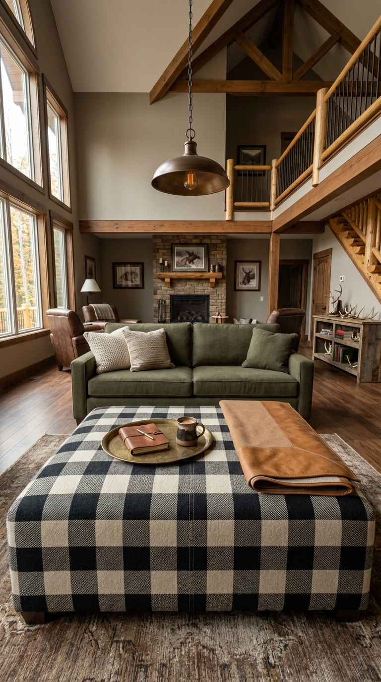 Large square buffalo check wool ottoman with a brass tray in front of a deep olive sofa
