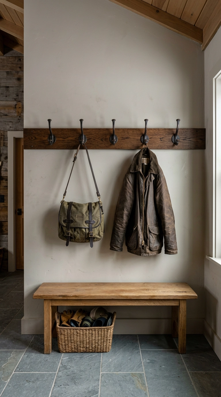 Waxed canvas field bag and jacket hanging on bronze hooks above a white oak bench