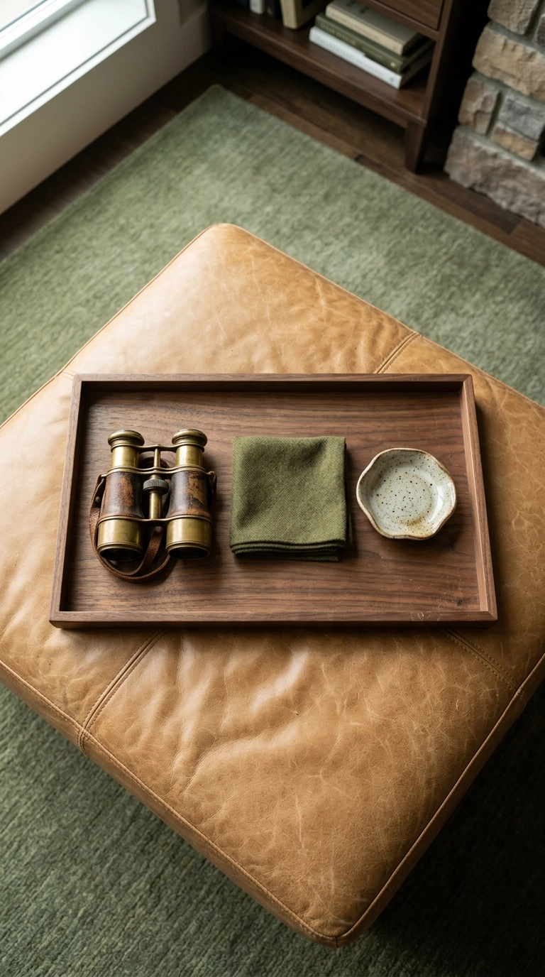 Overhead view of vintage brass binoculars styled on a walnut tray atop a camel leather ottoman