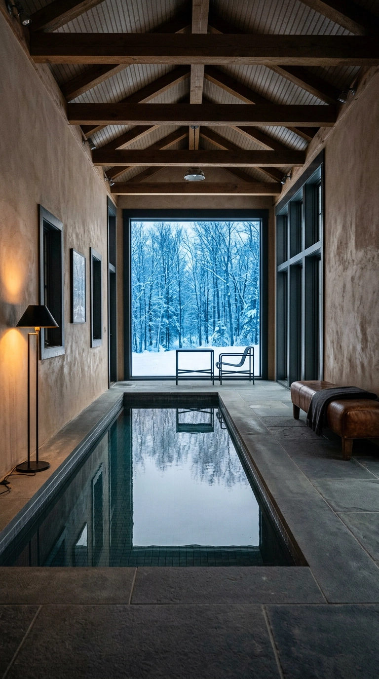 Indoor pool framing a snowy winter view through a large picture window with warm lamp light inside