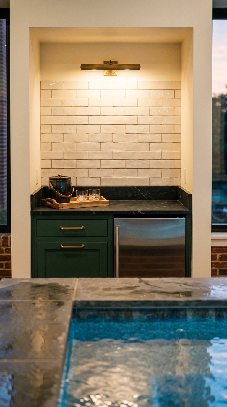 Compact wet bar with deep green cabinets and soapstone counter in an alcove beside an indoor pool