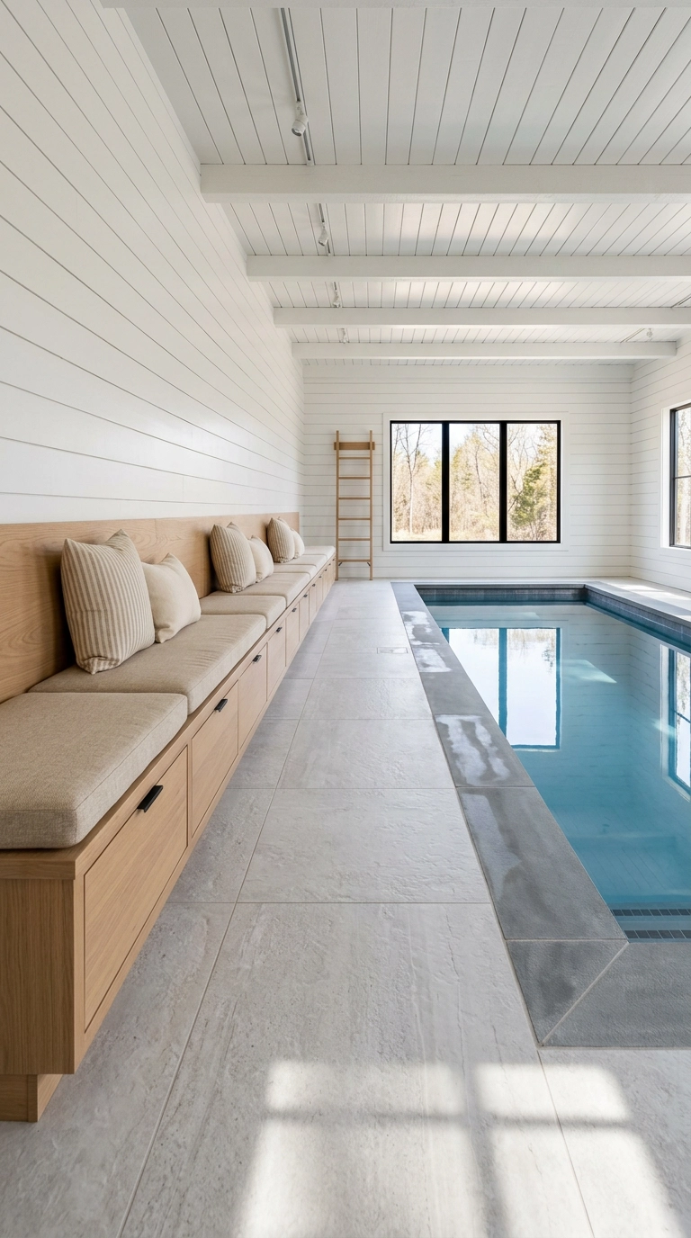 Indoor pool room with a long built-in white oak bench and storage drawers along a shiplap wall