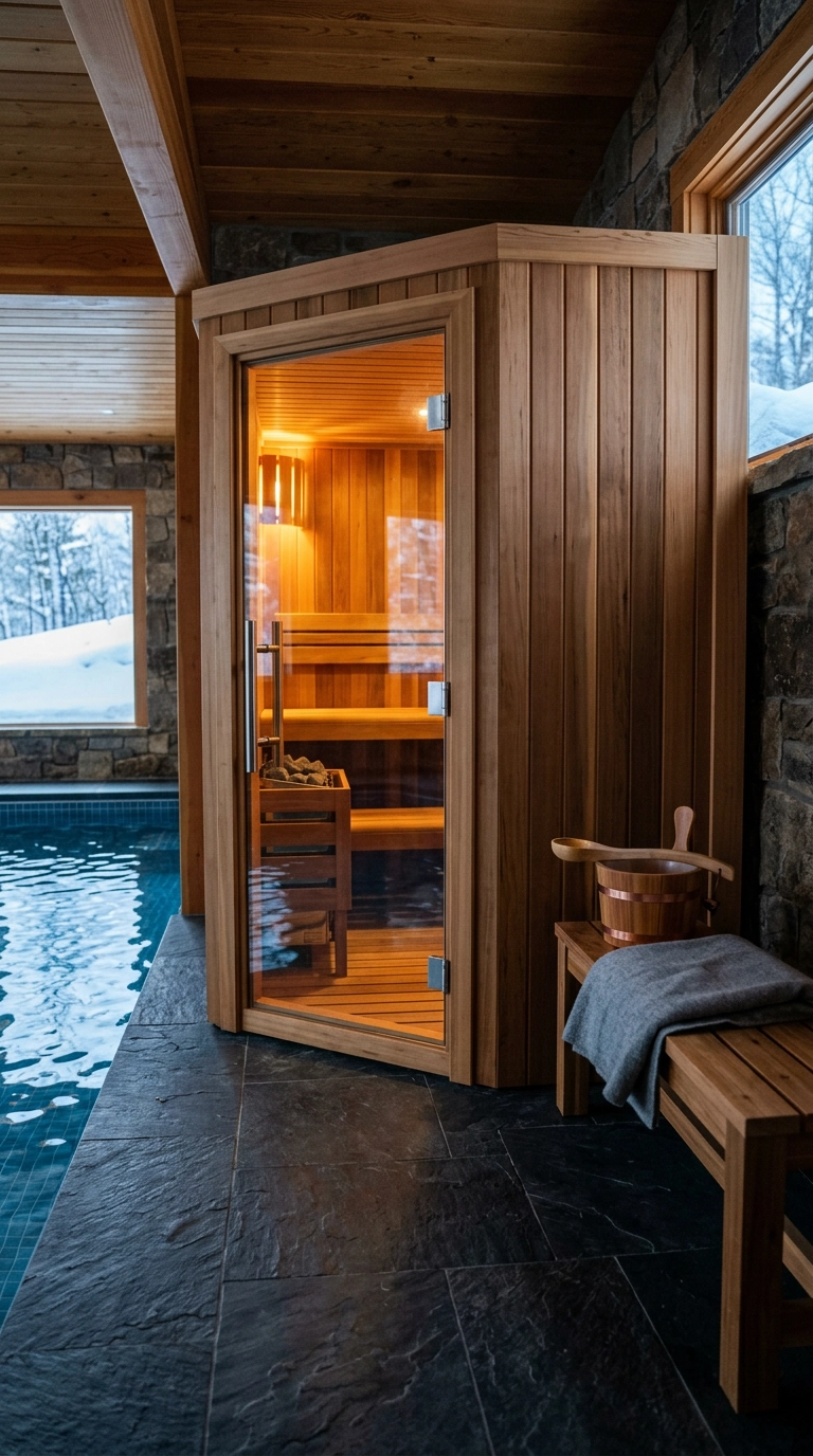 Cedar sauna cabin with a glass door glowing amber beside an indoor pool with slate blue tile