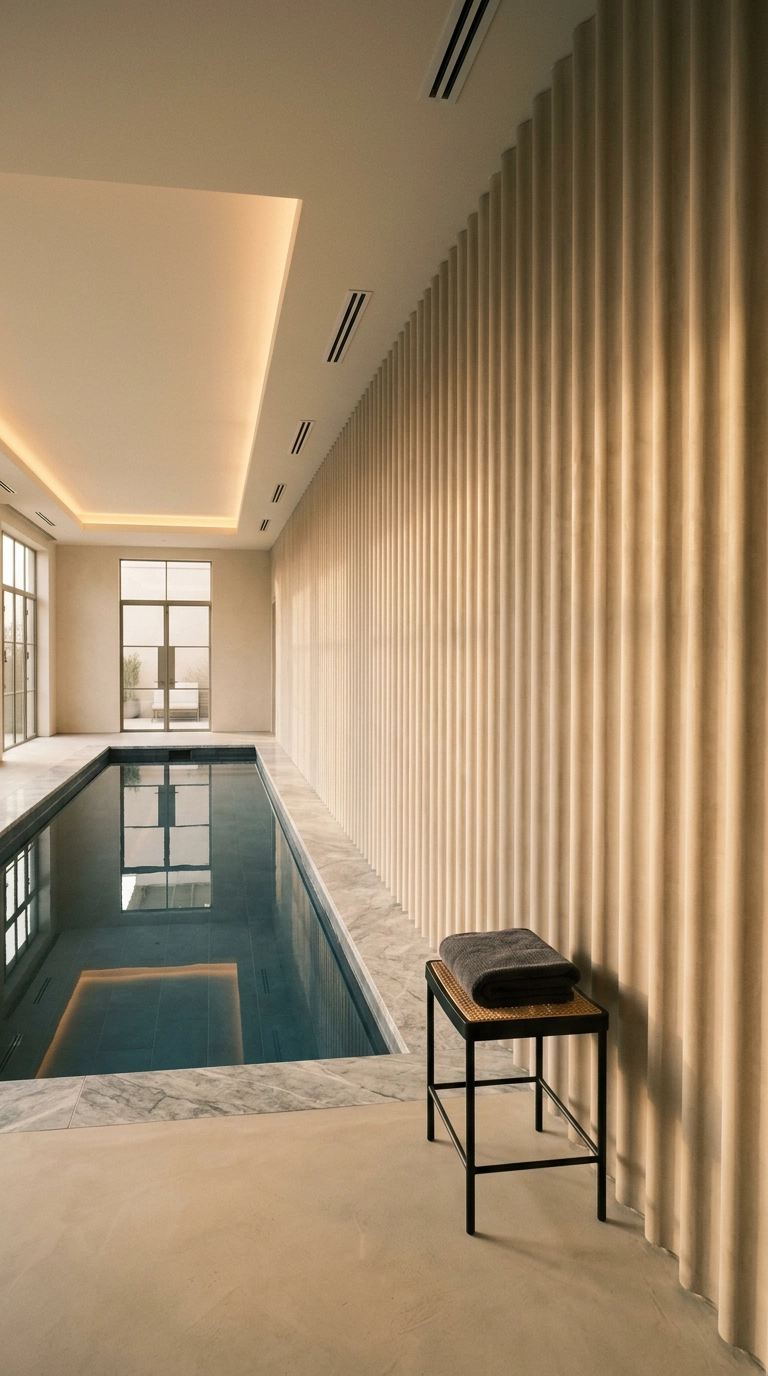 Fluted putty plaster wall panels raking with afternoon light beside a slate blue indoor pool