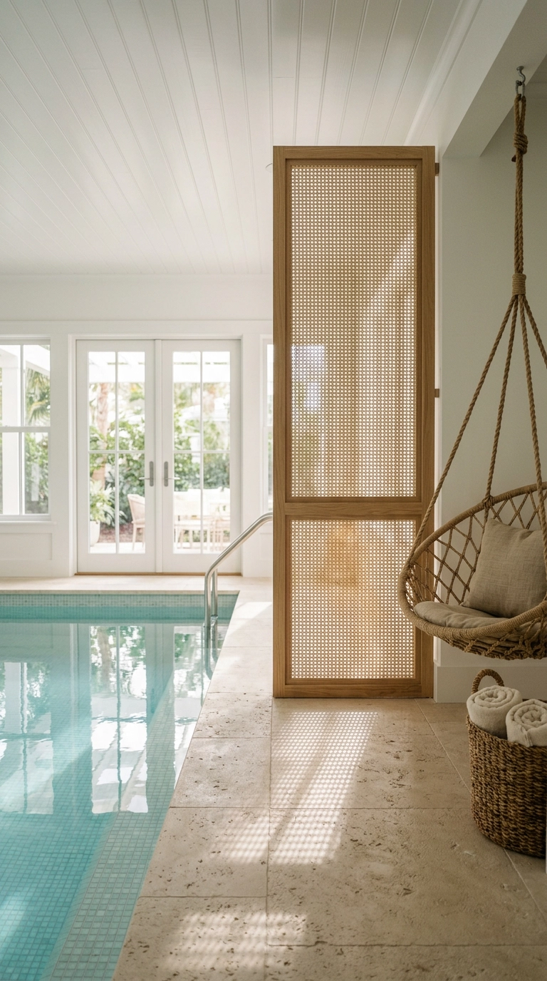 Cane webbing screen panel casting lattice shadows beside an indoor pool with pale aqua tile