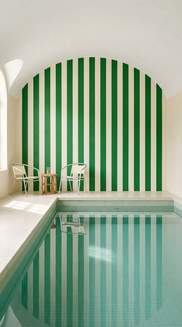 Indoor pool with a kelly green and cream vertical striped wall reflected in celadon water