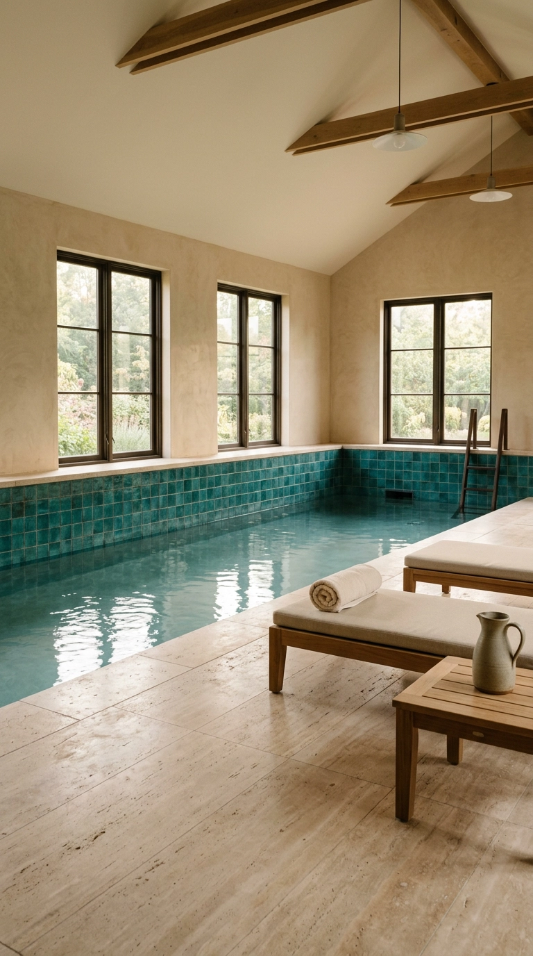 Indoor pool with deep teal glazed waterline tile, limewashed sand walls and two teak loungers in morning light