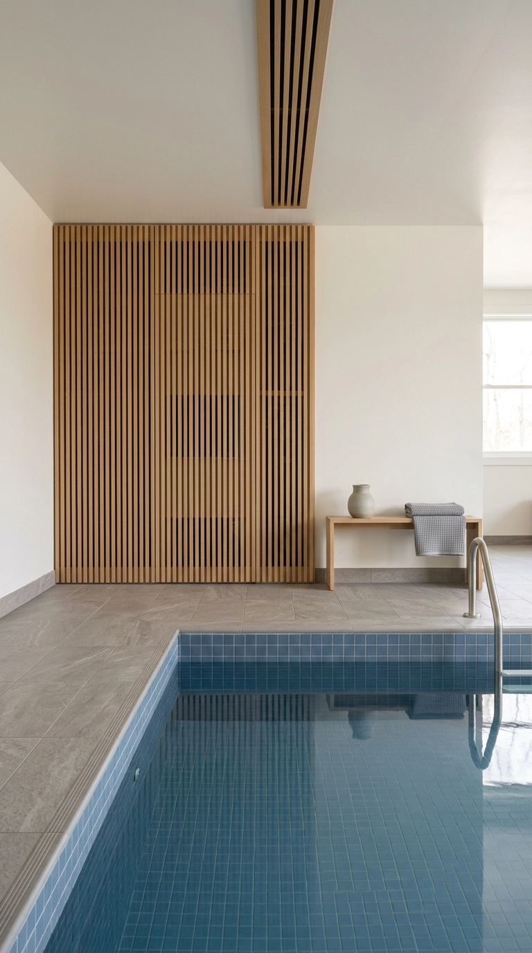 Indoor pool room with a slatted white oak screen concealing a dehumidifier and linear ceiling vents
