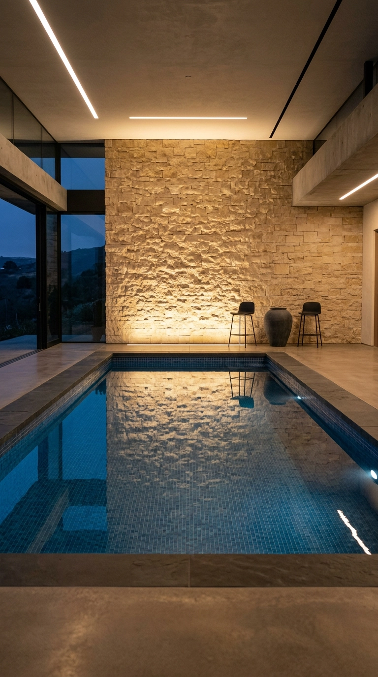Indoor pool with a full-height stacked limestone feature wall uplit in warm evening light