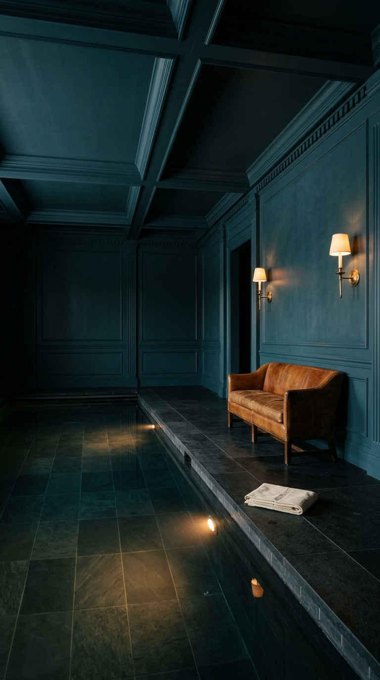 Color drenched indoor pool room in deep inky blue-green with brass sconces and a caramel leather bench