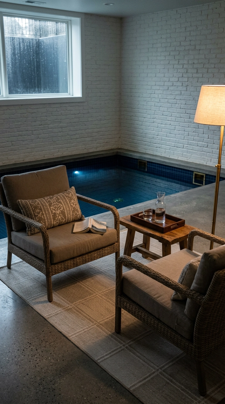 Indoor pool seating zone with an ivory and taupe indoor-outdoor rug on polished concrete