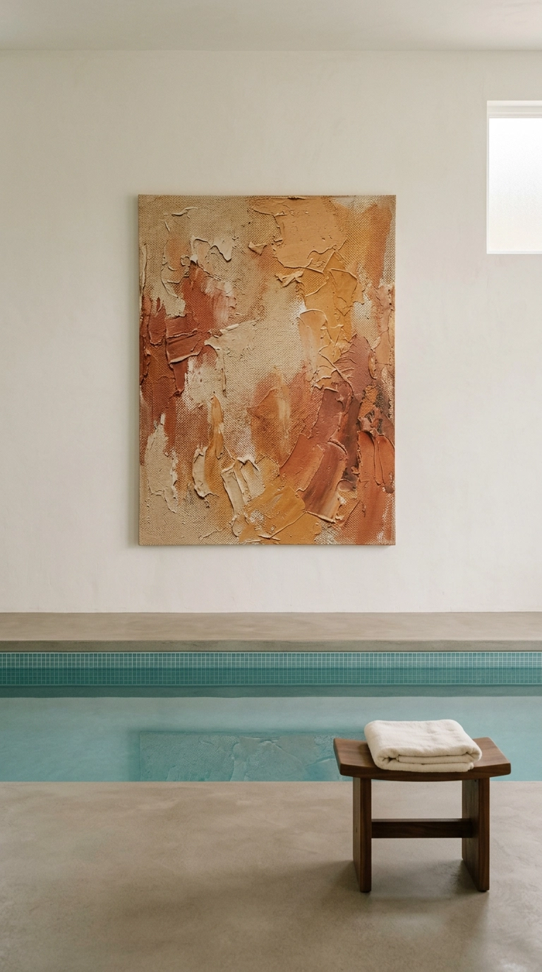 Large abstract sand and rust canvas centered on a bare plaster wall beside an indoor pool