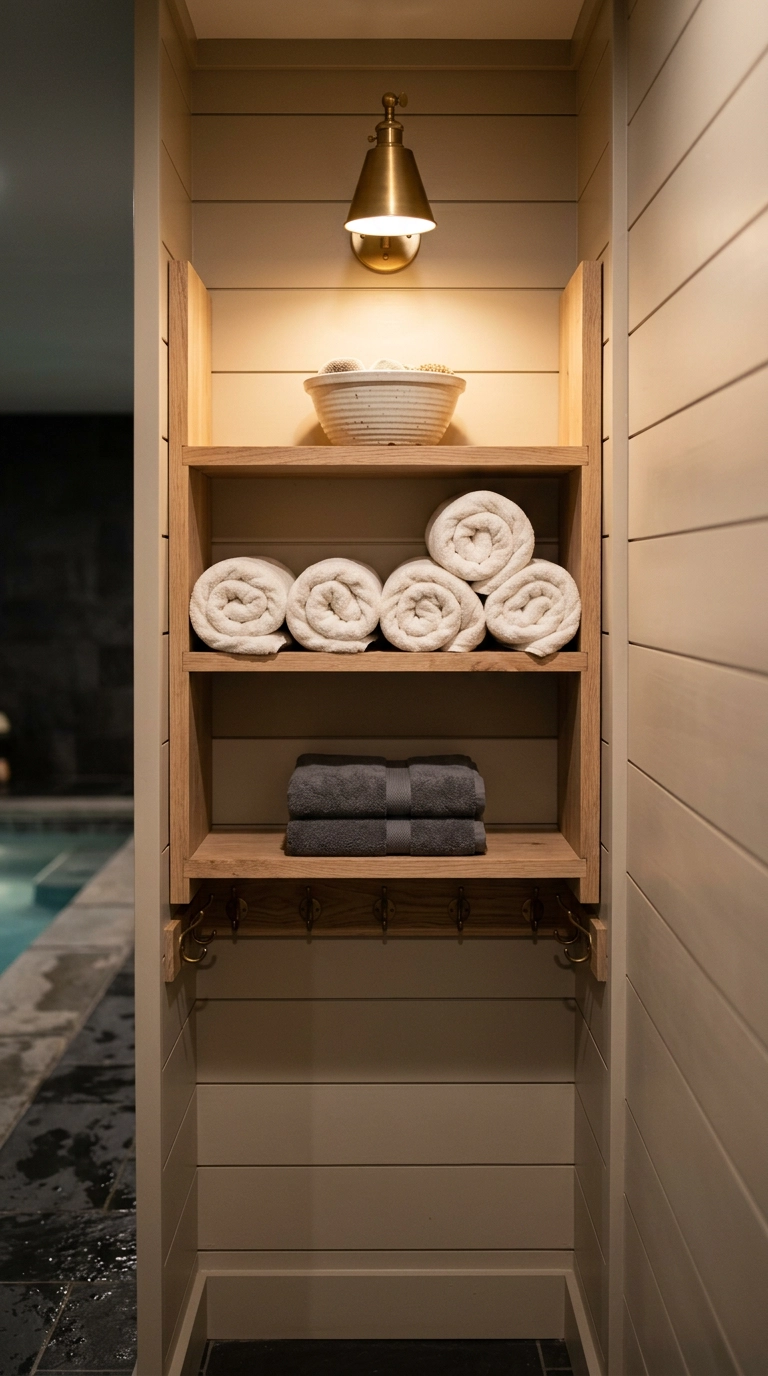 Indoor pool towel station with white oak shelving, rolled ivory towels and unlacquered brass hooks