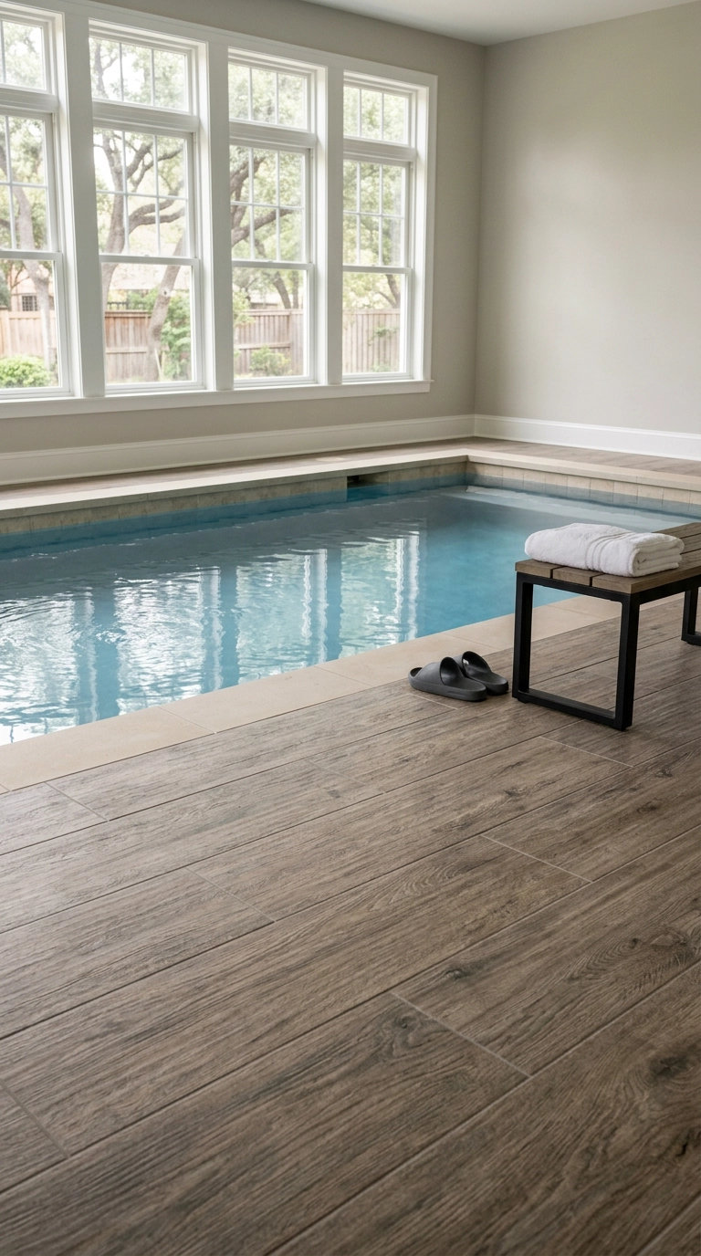 Indoor pool deck in wood-look porcelain tile with a steel and oak bench beside pale sand waterline tile