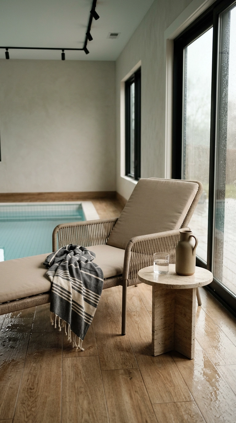 Two rope loungers and a travertine side table beside an indoor pool on an overcast afternoon