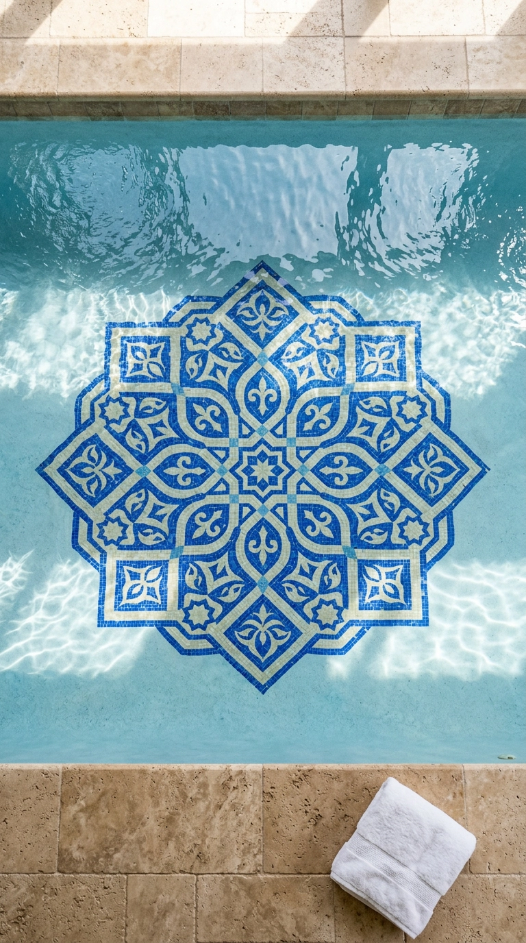 Overhead view of a cobalt and bone geometric mosaic medallion on an indoor pool floor