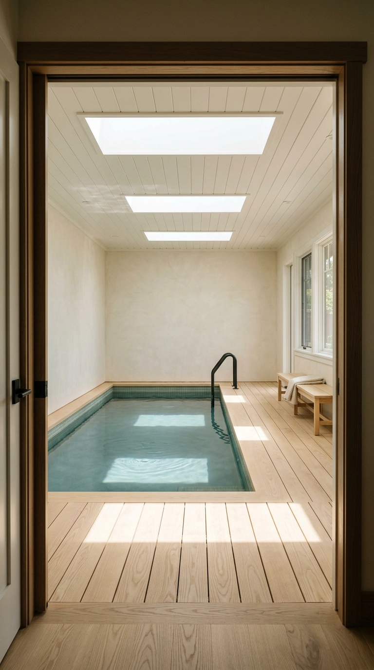 Indoor pool room with three flat skylights casting light onto a pale ash deck and green-grey tile