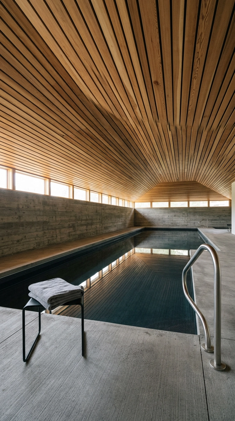 Indoor lap pool with western red cedar slat vaulted ceiling and charcoal pool interior under clerestory light