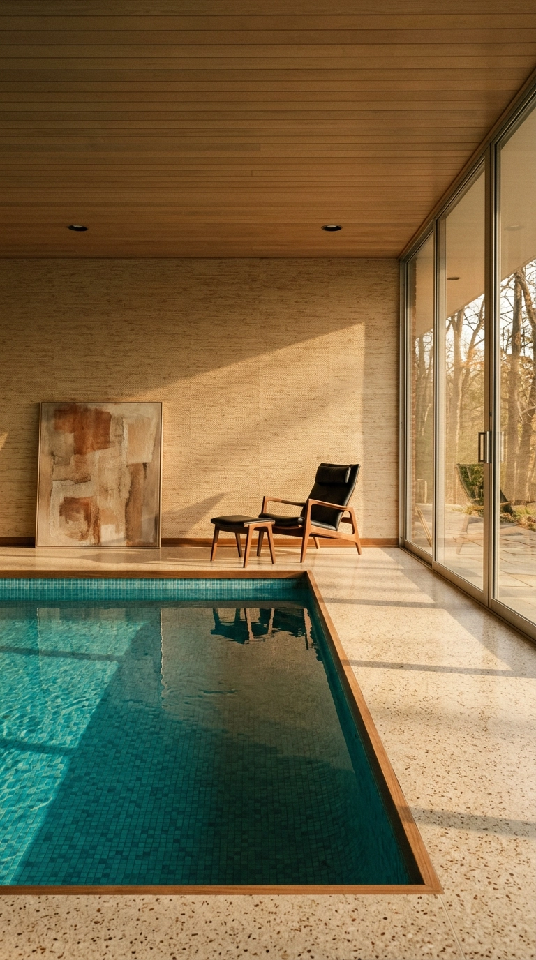 Mid-century indoor pool room with oatmeal grasscloth-look vinyl wall, turquoise mosaic tile and terrazzo deck